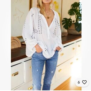 Emerson Fry India Collection Bardot Peasant White Black Embroidery Top Size L